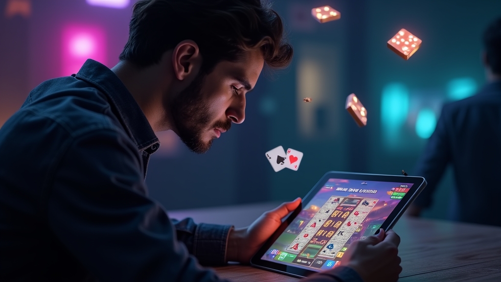 Spieler liest Erfahrungsberichte zur Auszahlung in dunkler Casino-Atmosphäre