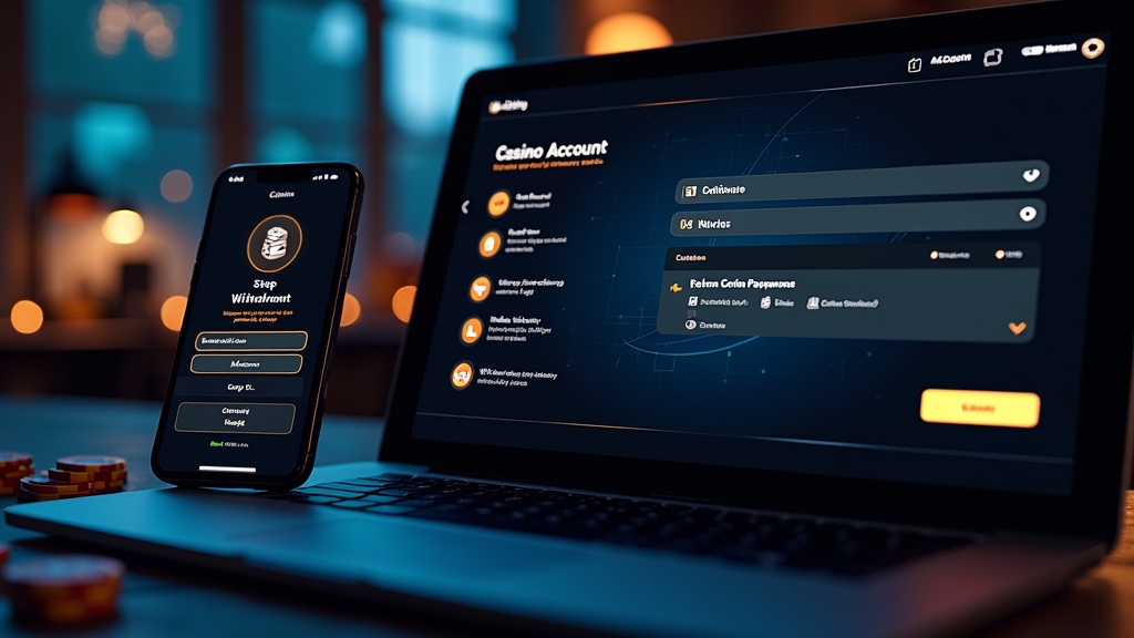 Schritt-für-Schritt-Auszahlung im dunklen Casino-Interface auf Laptop und Smartphone