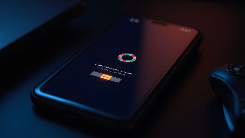 Smartphone zeigt Installationsablauf und Start der Casino-App in dunkler Atmosphäre